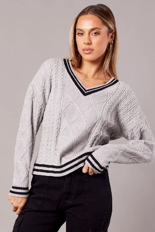 Grey Knit Top Long Sleeve V-Neck Cable