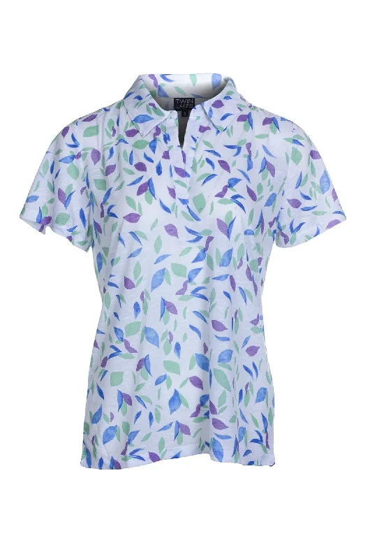 Printed Poly Slub Top with collar | Lilac Sky Leaves | 6744A1