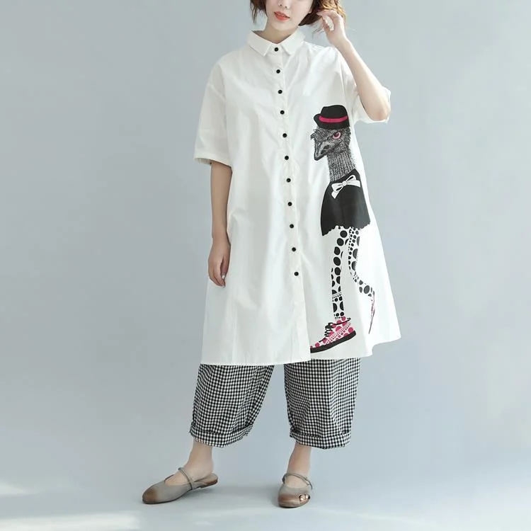 Baggy White Print Cotton Trendy Tops Plus Size Turn-down Collar Baggy Traveling Clothing Vintage Half Sleeve T-Shirt