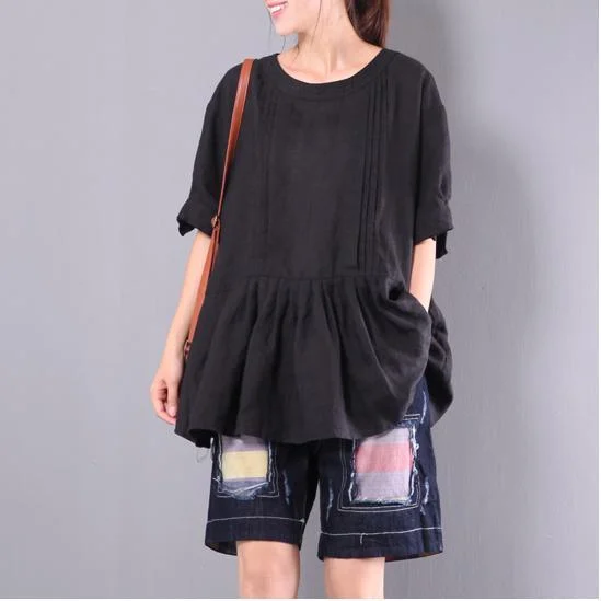 Black Stylish Patchwork Linen Blouse Plus Size Ruffles Tops O-Neck T-Shirt