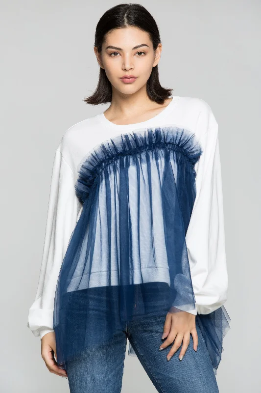 Blue Fringe Sheer on White T-Shirt Top