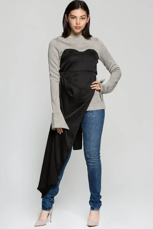 Black Sweetheart Neck Asymmetrical Tie Up Top on Grey T-shirt