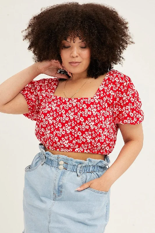 Floral Print Puff Sleeve Floral Crop Top