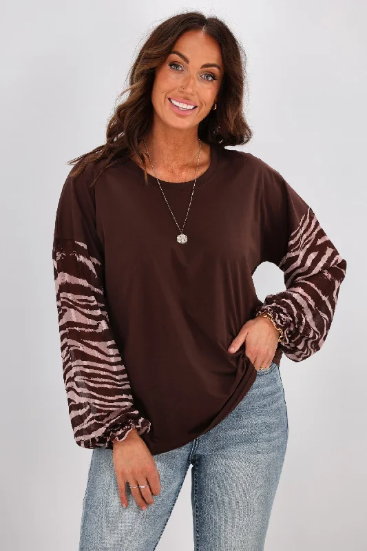 Gloss by Shine On Willa Zebra Sleeve Top Chocolate