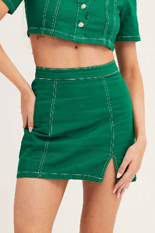 Green Contrast Stitch Mini Skirt