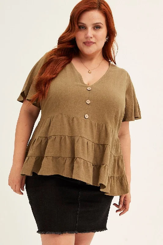 Khaki Khaki Short Sleeve Button Front Tiered Peplum Top