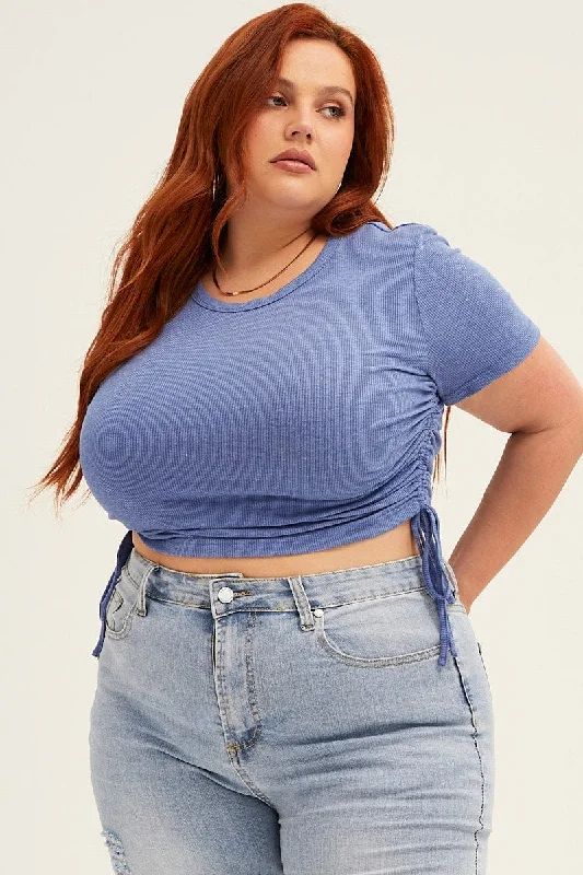 Mid Blue Drawstring Side Rib Jersey Short Sleeve Top