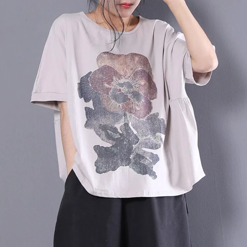 New cotton linen tops trendy plus size Women Loose Short Sleeve Printed Gray T-shirt