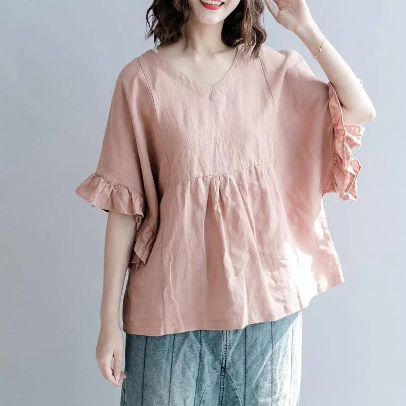 New Pink Cotton Linen Blouse Oversized Cotton Linen Maxi T-Shirts Women Petal Sleeve V-Neck Wrinkled Cotton Linen Shirts