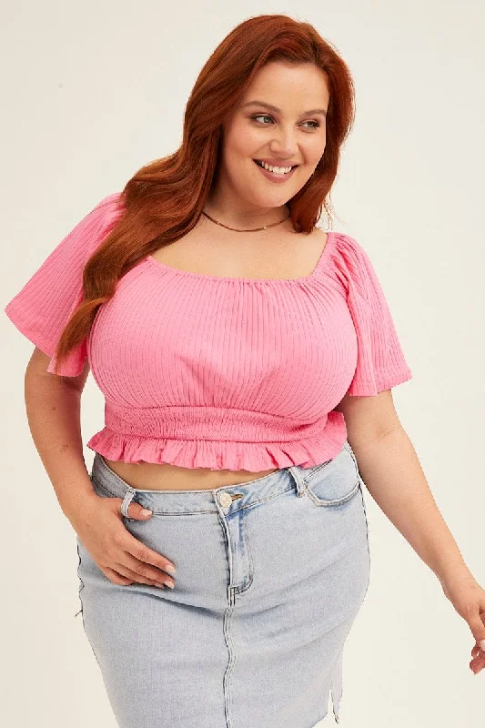 Pink Peasant Top Short Sleeve Shirred Jersey