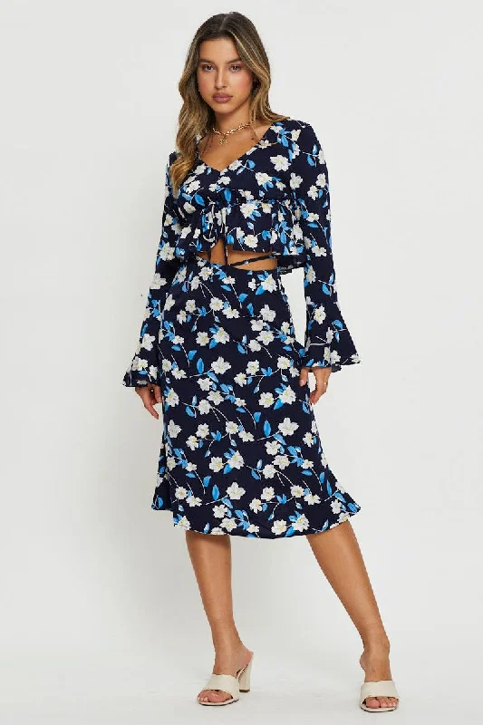 Print Midi Skirt Tie Waist