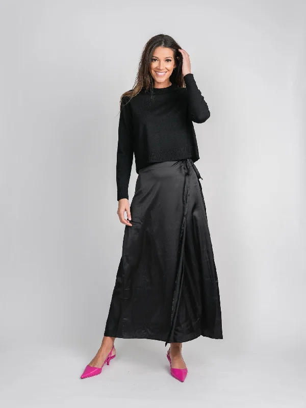 SATIN WRAP SKIRT-BLACK