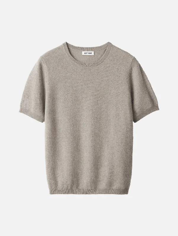 Short Sleeve O-Neck Cashmere Tee in Greige