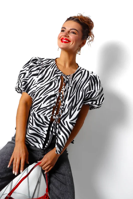 Ties The Limit - Monochrome Zebra Print Tied Top