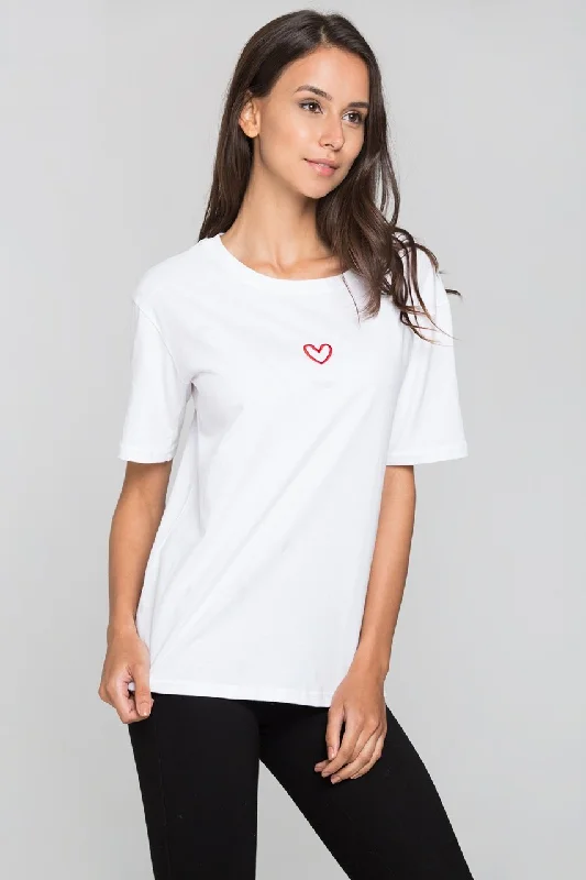 White Over-sized T-shirt with Single Heart Embroidery