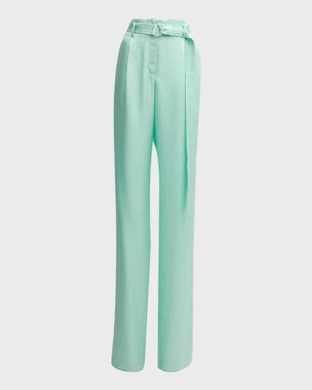 High-Rise Belted Straight-Leg Organic Silk Twill Pants