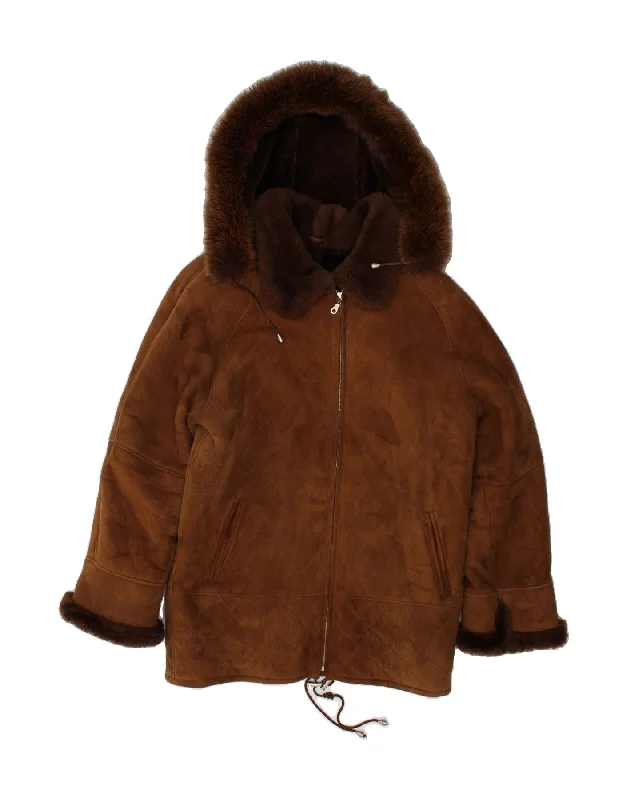 REISLER Womens Hooded Shearling Coat UK 16 Large Brown Leather