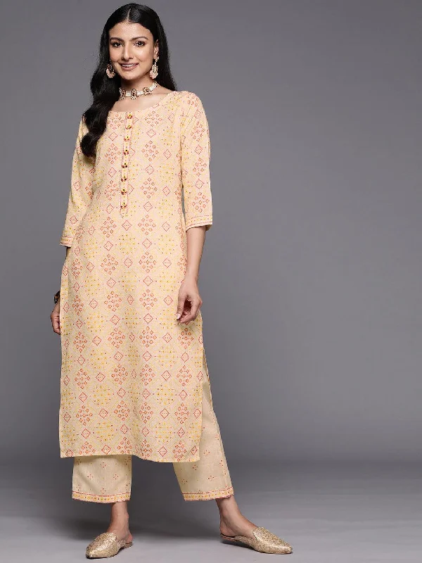 Beige Printed Cotton Straight Kurta With Trousers