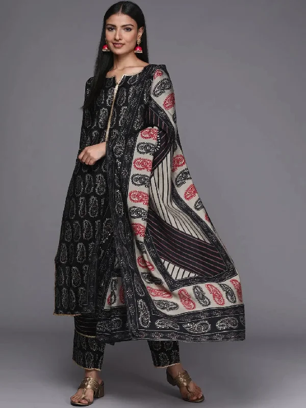 Black Printed Silk Blend Straight Kurta With Dupatta