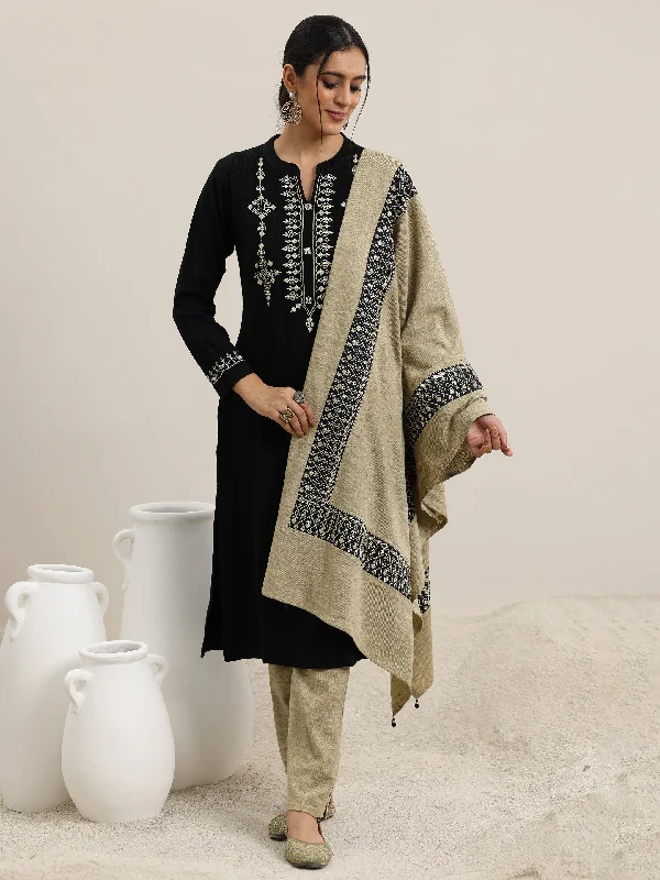 Black Yoke Design Wool Blend Straight Suit With Dupatta