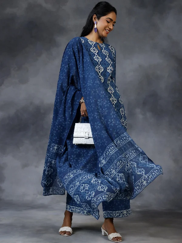 Blue Printed Cotton Straight Suit With Dupatta