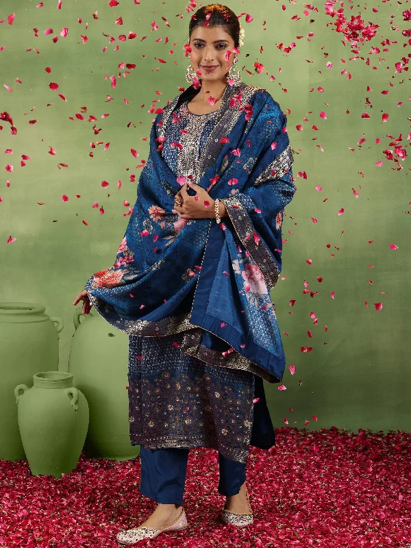 Blue Printed Silk Blend Straight Suit With Dupatta