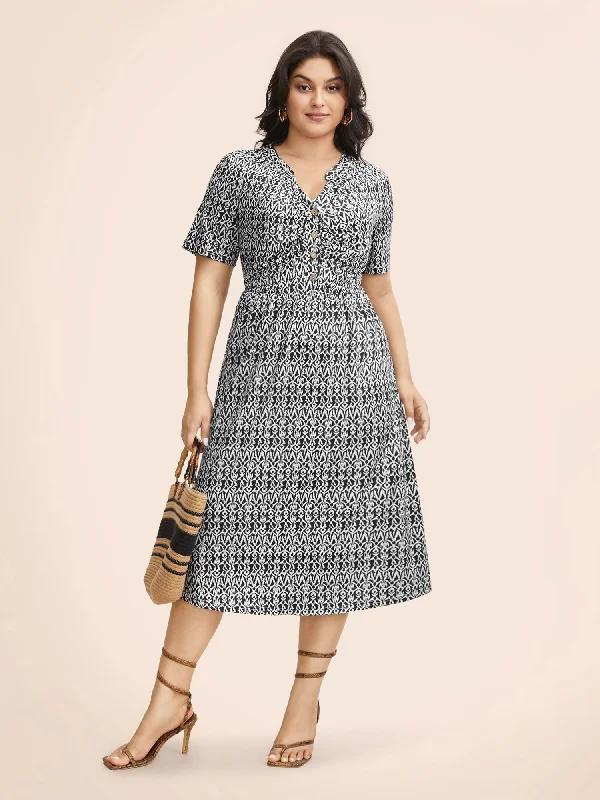 Boho Print Notched Collar Ruched Dress