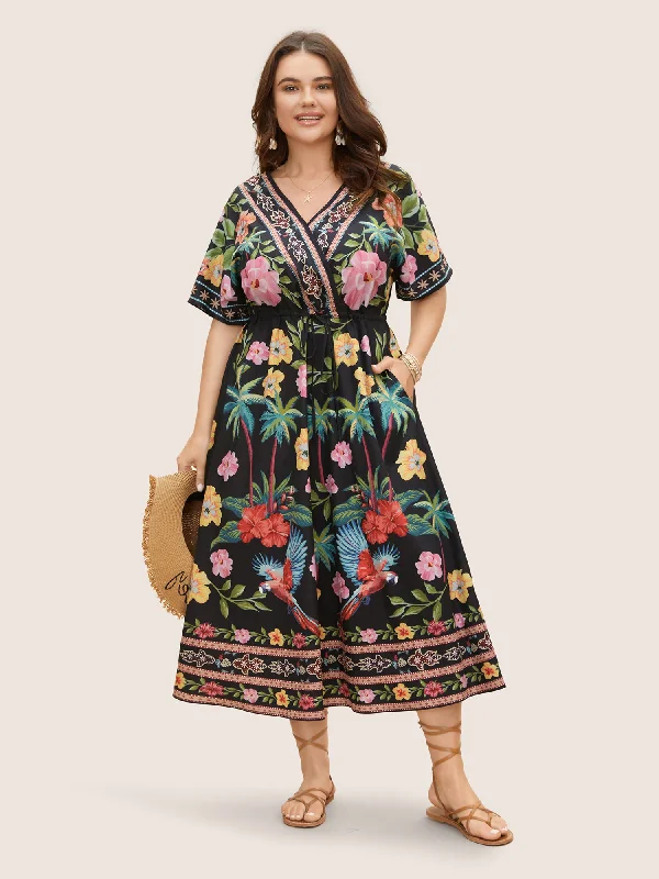 Boho Print Overlap Collar Drawstring Dress