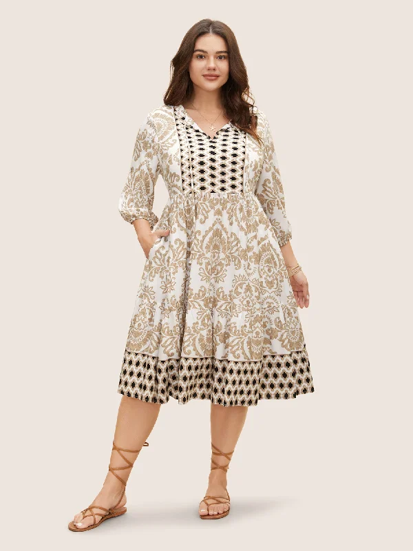 Boho Print Tie Knot Lantern Sleeve Dress