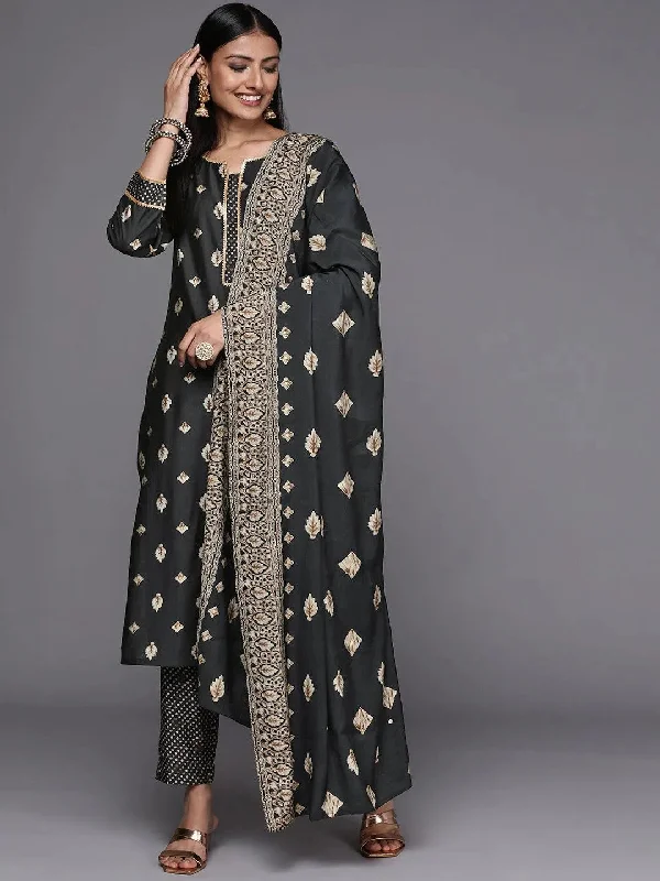 Charcoal Printed Silk Blend Straight Kurta With Dupatta