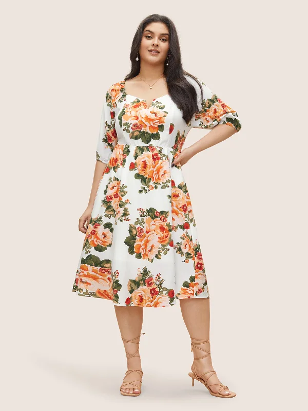 Floral Print Notched Elastic Cuffs Dress