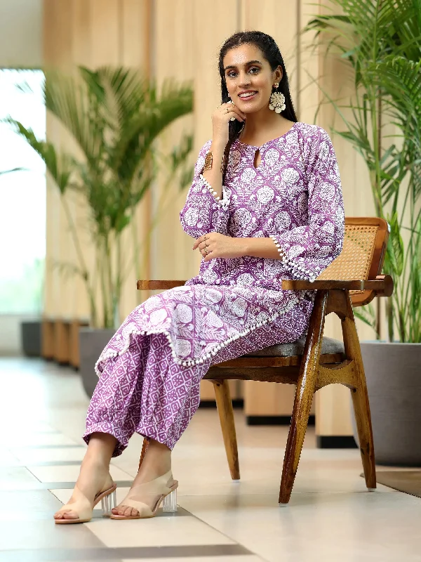 Lavender Printed Cotton Pathani Kurta Set