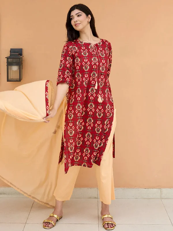 Maroon Printed Cotton Straight Suit With Dupatta