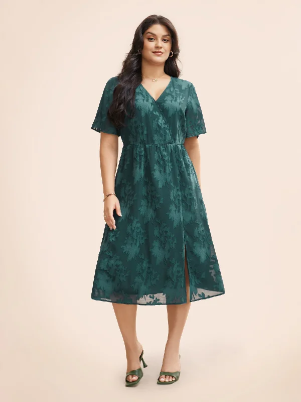 Overlap Collar Jacquard Split Hem Dress