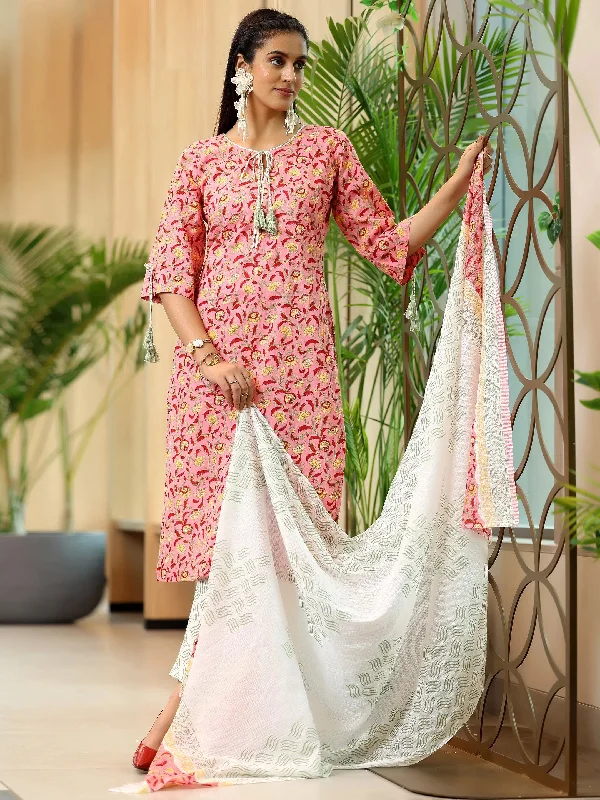 Peach Printed Cotton Straight Suit With Dupatta