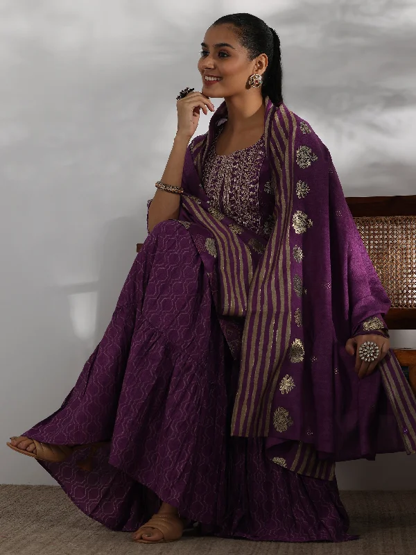 Purple Printed Silk Blend Straight Suit With Dupatta