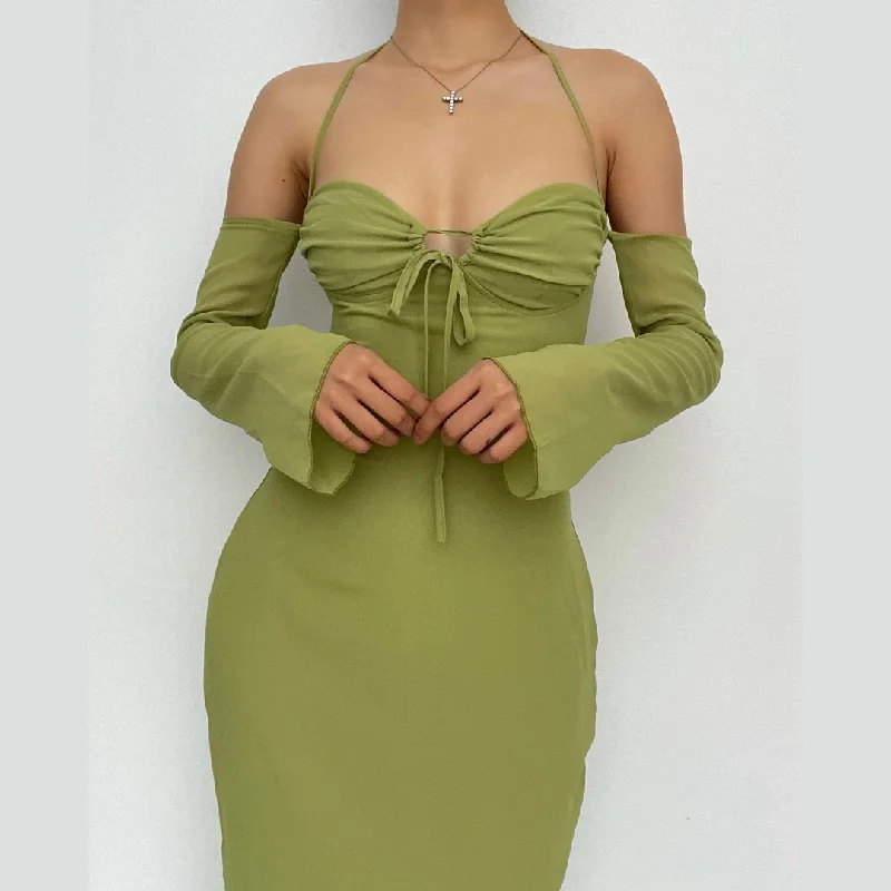 BerryBetty - Low cut halter off shoulder long flared sleeve midi dress