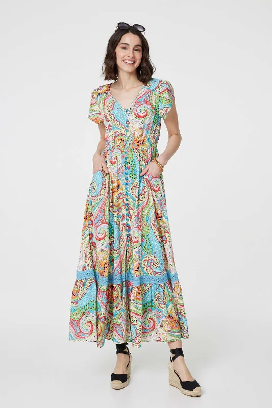 Paisley V-Neck Button Detail Maxi Dress