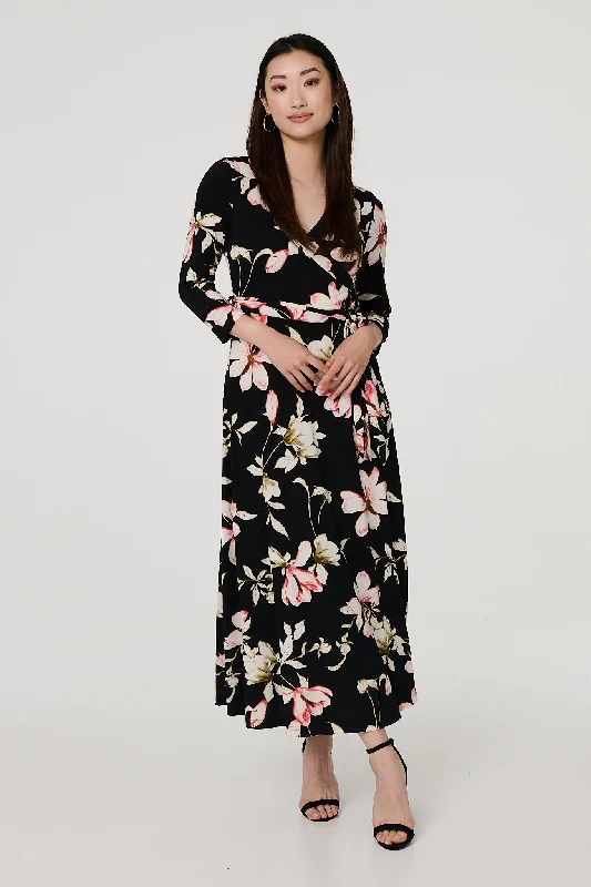 Floral Tie Waist 3/4 Sleeve Maxi Dress