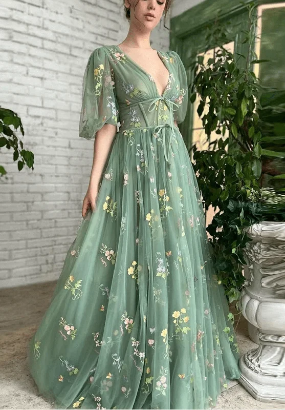 Embroidered Sage Green Prom Dresses Floral Half Sleeves Flower Maxi Dress