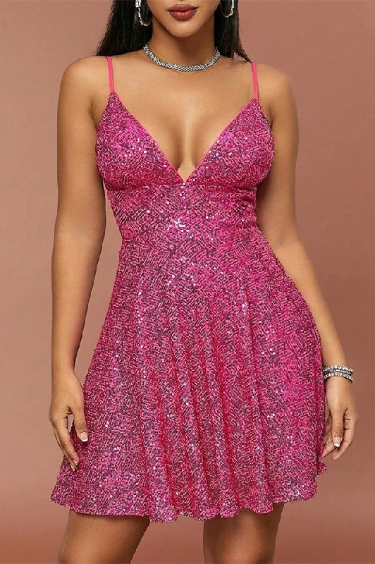 Hot Pink Sequin Tie-Back A-Line Mini Dress