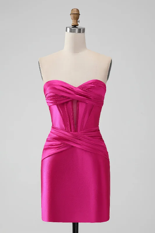 Hot Pink Strapless Keyhole Ruched Mini Homecoming Dress