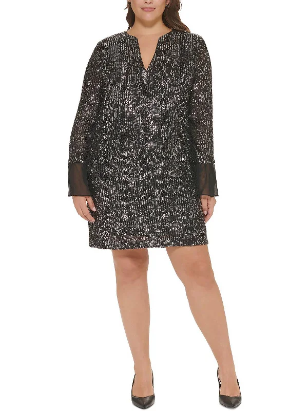 Plus Womens Sequined Mini Sheath Dress