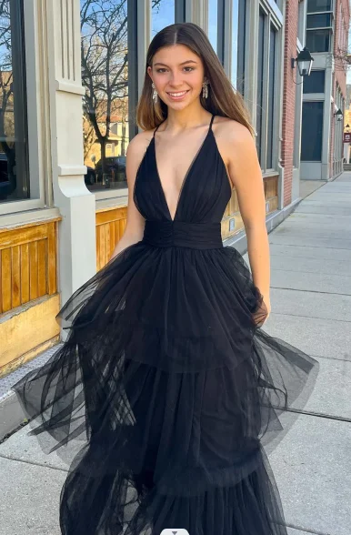 Simple Deep V Neck Tulle Black Tiered Prom Dresses Summer Maxi Dress for Women