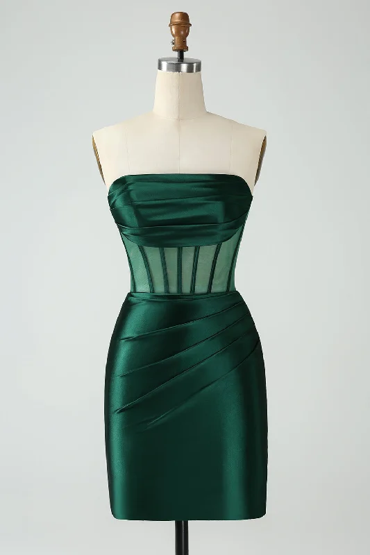 Strapless Sheer Bodice Mini Cocktail Dress in Emerald Green