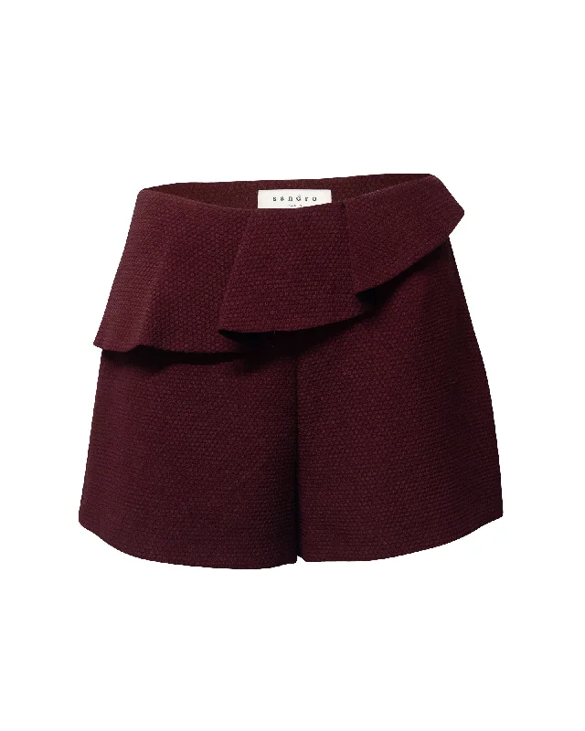 Sandro Paris Ruffled Textured Shorts in Burgundy Polyester