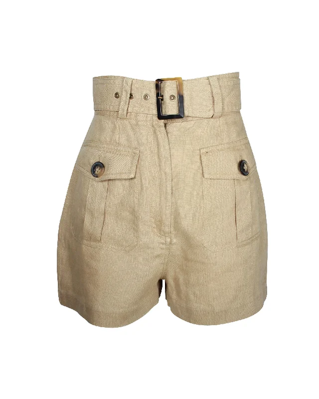 Zimmermann Belted High-Waist Shorts in Beige Linen