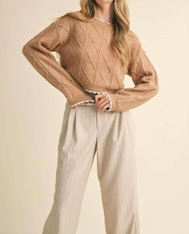 Cable Knit Cropped Sweater In Camel