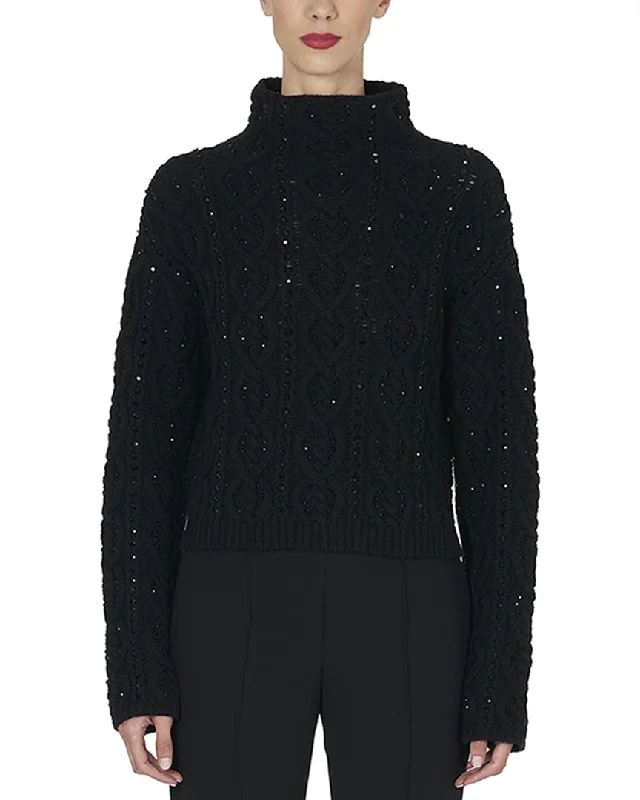 Carolina Herrera Embellished Funnel Neck Cable Wool& Cashmere-Blend Sweater