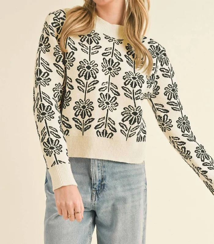 Floral Pattern Knit Sweater In Beige Black